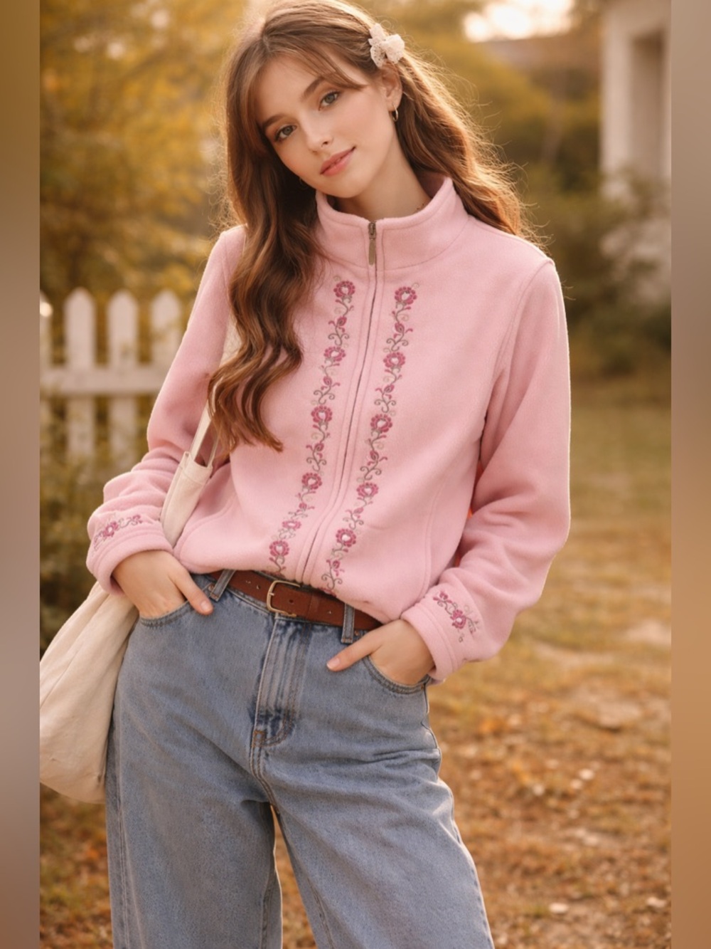 Northern Reflection Pink Embroidered Fleece Zip Jacket